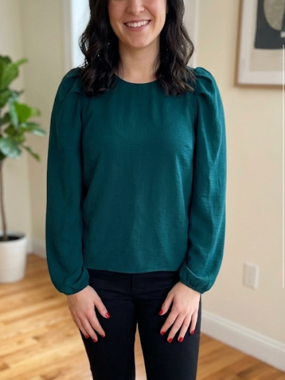 Evereve Women’s Emerald Green Long Sleeve Blouse bohemian medium NWOT casual